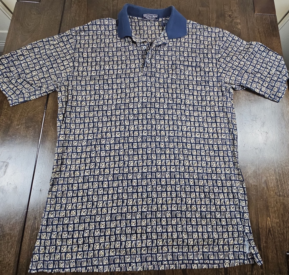 Mens M Vintage Geometric Pattern Golf Polo Mercerized Cotton by Winner Mate